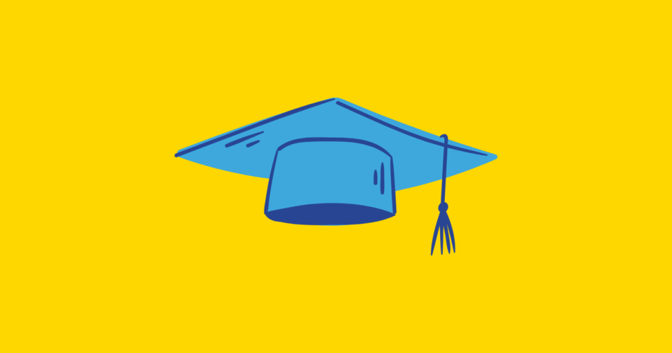 A blue graduation cap on a yellow background